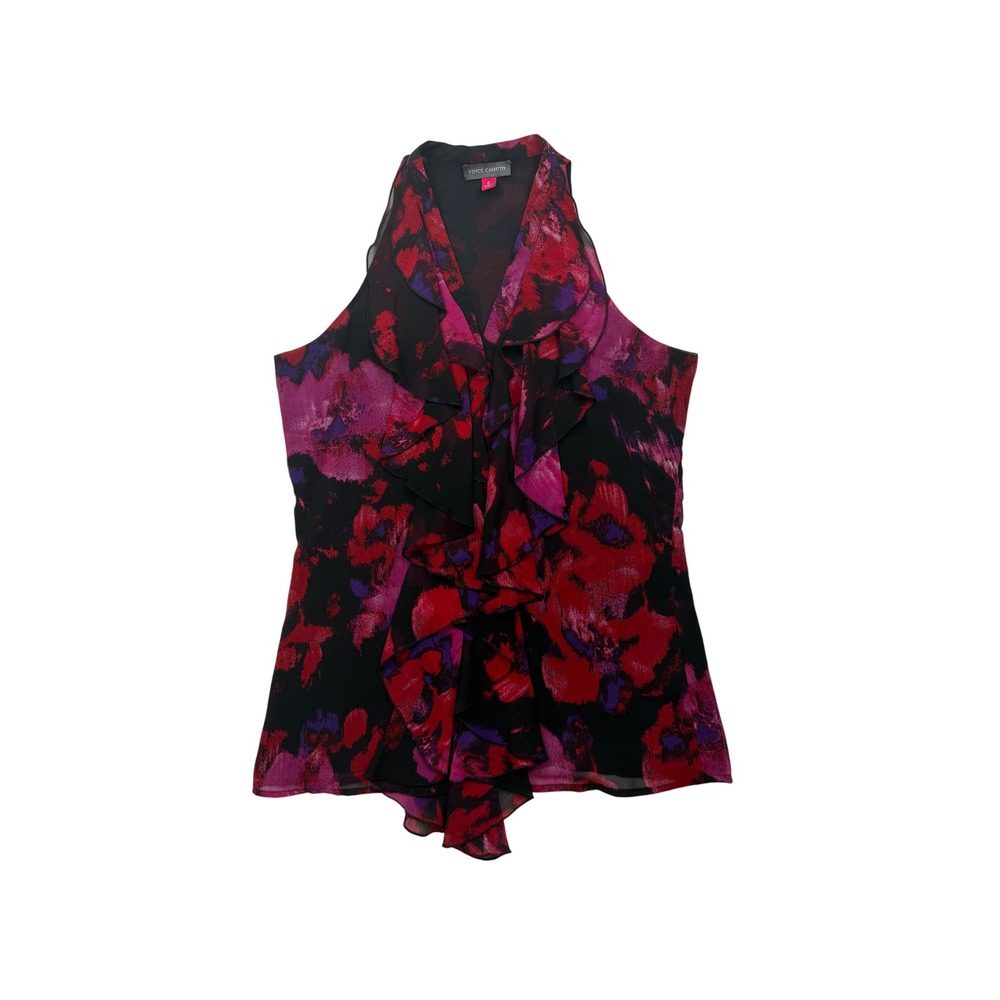 Vince Camuto Size 0 Black Red Floral Ruffle Front Sleeveless Chiffon Blouse
